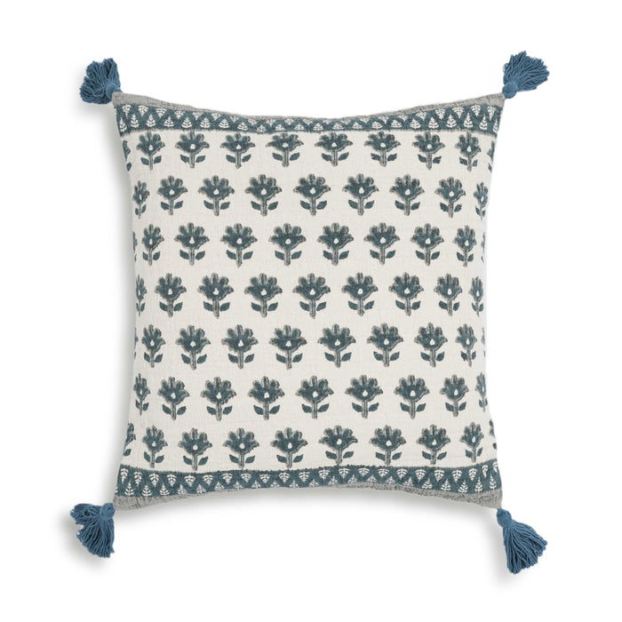 Blossom - Printed Cotton Tassel 20 Inch Accent Cushion - Blue