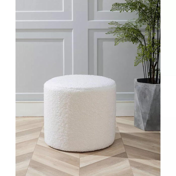 19" Round Pouf Ottoman White Faux Shearling