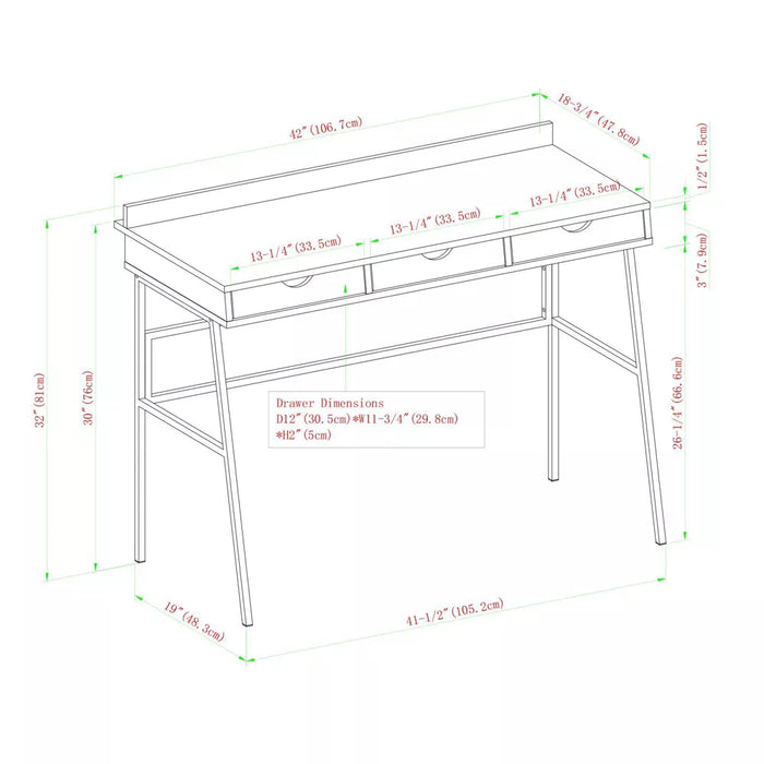 3 Drawer Angled Writing Desk with Cord Management Slots Dark Walnut