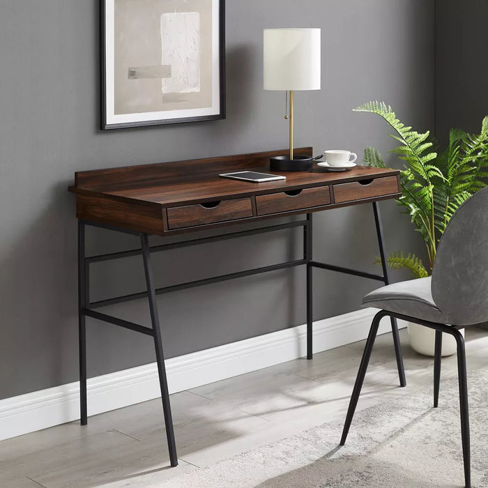 3 Drawer Angled Writing Desk with Cord Management Slots Dark Walnut