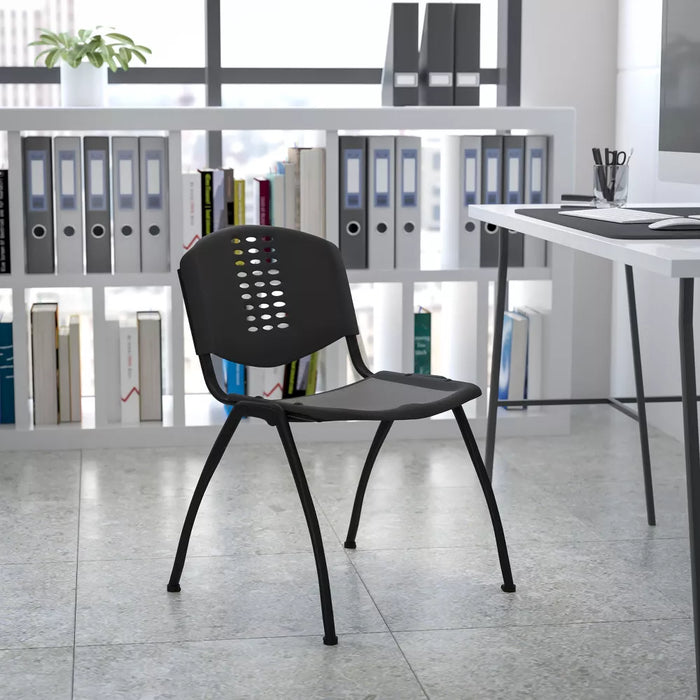 Emma and Oliver Black Plastic Office Side Stack Chair with Oval Cutout Back